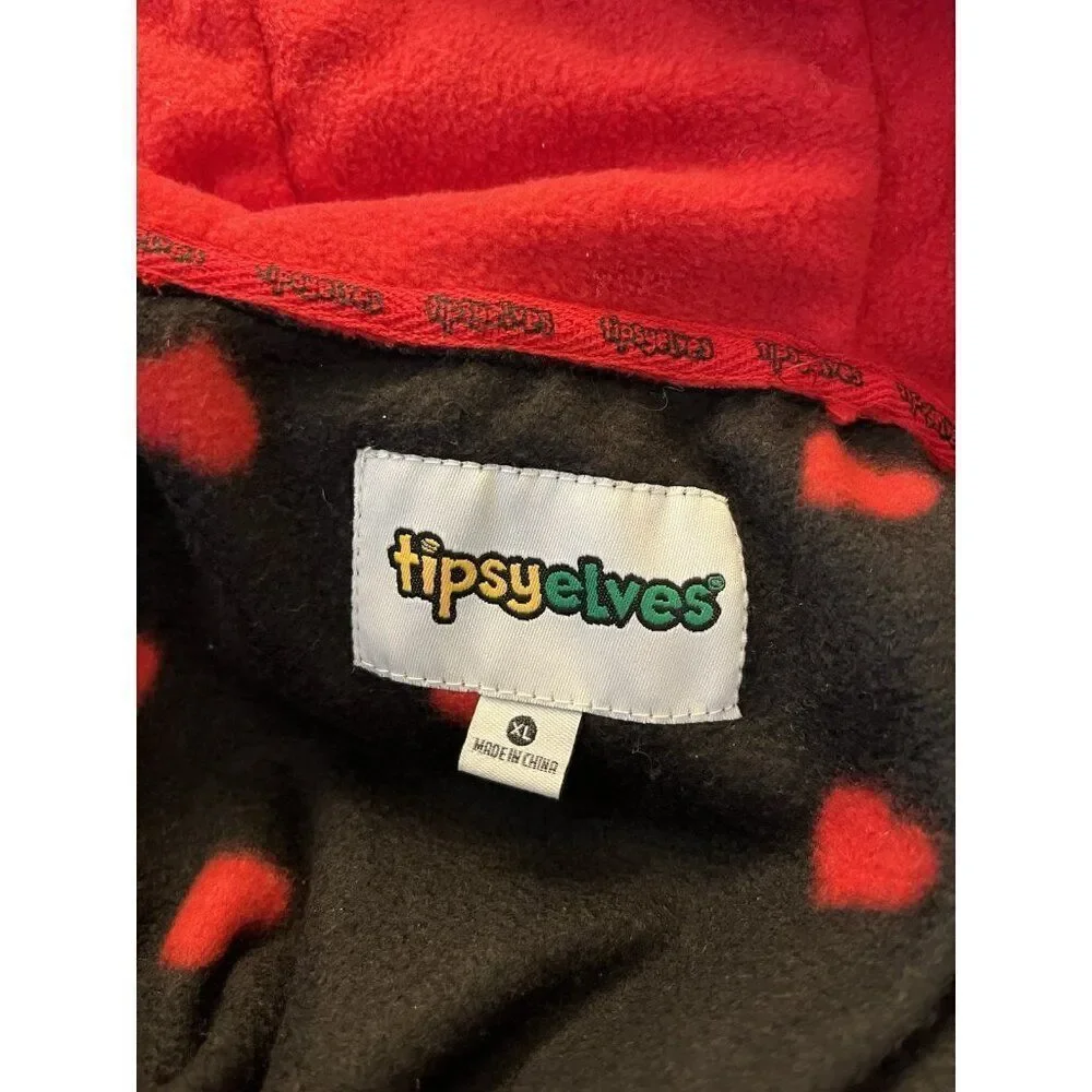 Tipsy Elves Ladies XL Hearts on Fire Hooded Zip Fleece Pajama Jumpsuit New